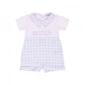 Everything Must Change (EMC) Baby Boy Pale Blue and White Gingham Shortie Romper